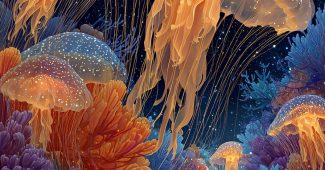 ChatGPT提示词_一个超现实的海洋，有漂浮的水母岛和发光的珊瑚结构_chatgpt会员版缩略图