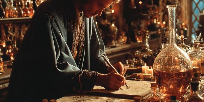 ChatGPT提示词_一个在发光实验室中，泡沫药水和神秘符号的奇幻炼金术士_国内如何买gpt会员卡便宜缩略图