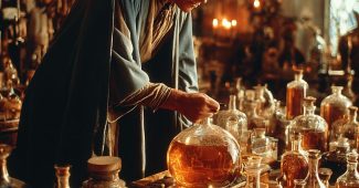 ChatGPT提示词_一个在发光实验室中的幻想炼金术士，正在调制神秘药水_chatgpt.com登录缩略图