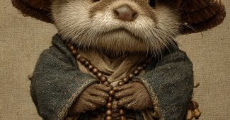 ChatGPT提示词_一只可爱的小水獺穿着僧袍，交叉腿坐着，手中握着佛珠_chatgpt5.0网页缩略图