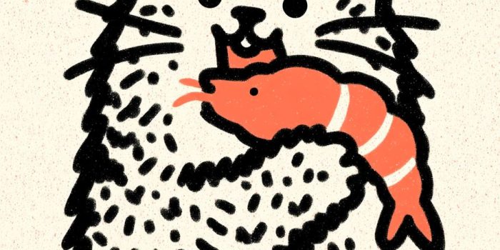 ChatGPT提示词_一只快乐的卡通风格胖猫在吃鲜虾_chatgpt官网版缩略图