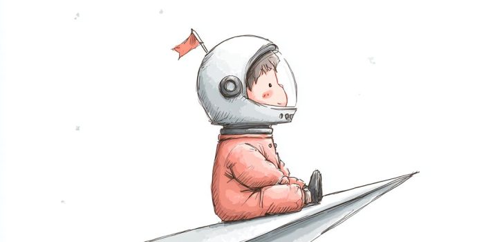 ChatGPT提示词_一个小男孩坐在纸飞机上，戴着宇航员头盔，飞向前方_chatgpt官网中文缩略图