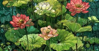 ChatGPT提示词_低角度描绘夏日池塘中盛开的莲花，细雨中莲叶轻轻摇曳，独木舟上思索的身影与自然的宁静交融_chatgpt官网中文版4.0缩略图