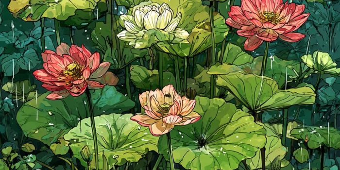 ChatGPT提示词_低角度描绘夏日池塘中盛开的莲花，细雨中莲叶轻轻摇曳，独木舟上思索的身影与自然的宁静交融_chatgpt官网中文版4.0缩略图