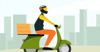 ChatGPT提示词_一辆绿色的城市摩托车在街道上侧倒，运送食物箱_chatgpt中文版gpt4缩略图