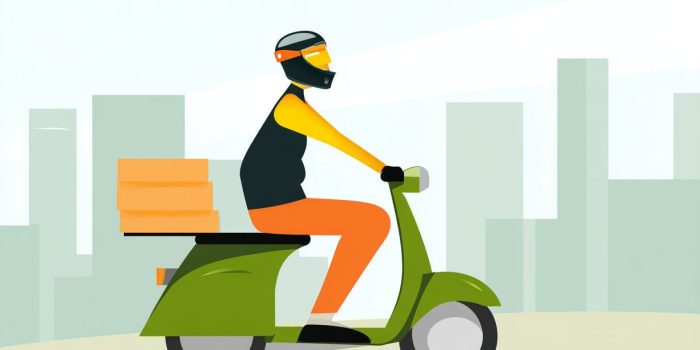 ChatGPT提示词_一辆绿色的城市摩托车在街道上侧倒，运送食物箱_chatgpt中文版gpt4缩略图