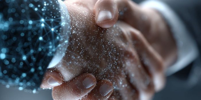 ChatGPT提示词_在科技感背景前，两只手握手象征商务合作_chatgpt在线网页使用缩略图