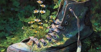 AI提示词_一幅简单的丙烯画，描绘旧网球鞋里长出野花和周围的自然景观_chatgpt中文版官网版缩略图