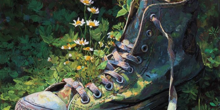 ChatGPT提示词_一幅简单的丙烯画，描绘旧网球鞋里长出野花和周围的自然景观_chatgpt中文版官网版缩略图