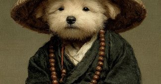 ChatGPT提示词_一只可爱的小狗穿着和尚服，坐着，双手合十，佩戴佛珠，头戴竹帽_chatgpt在线网页使用缩略图