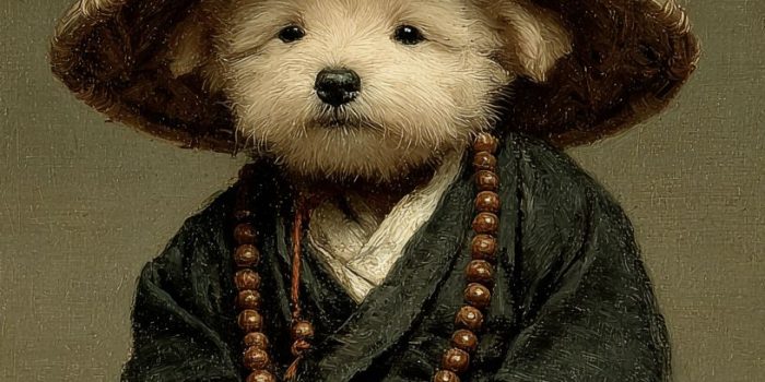 ChatGPT提示词_一只可爱的小狗穿着和尚服，坐着，双手合十，佩戴佛珠，头戴竹帽_chatgpt在线网页使用缩略图