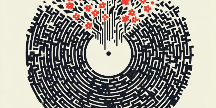 ChatGPT提示词_矢量海报展示了一个风格化的唱片，凹槽形成复杂的迷宫_chatgpt在线聊天查询缩略图