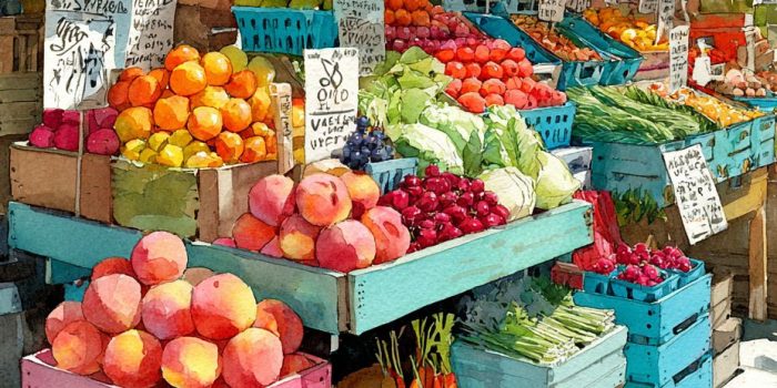 ChatGPT提示词_纽约市联合广场绿色市场的水彩画，满是新鲜水果和蔬菜_chatgpt5.1缩略图