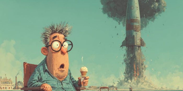 ChatGPT提示词_一个男人在海滩吃冰淇淋，一枚巨大的导弹正要落在他的头上_chatgptplus怎么订阅缩略图