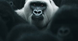 AI提示词_一只骄傲的白色大猩猩在一群黑色大猩猩中独自站立，象征个体与力量_chatgpt.com.缩略图