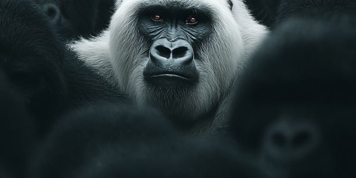 ChatGPT提示词_一只骄傲的白色大猩猩在一群黑色大猩猩中独自站立，象征个体与力量_chatgpt.com.缩略图