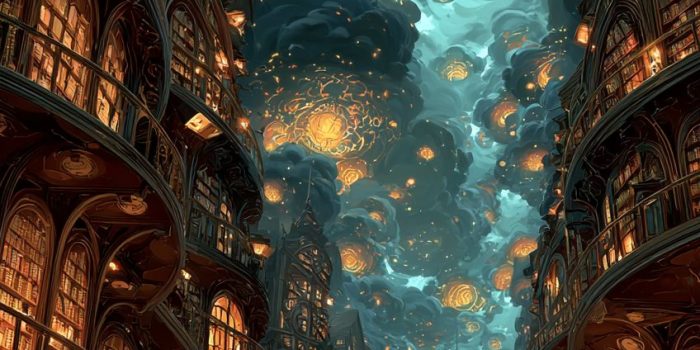 ChatGPT提示词_一个充满魔法的图书馆，飘浮的书籍，金色的吊灯和发光的神秘符号_chatgpt会员价格缩略图