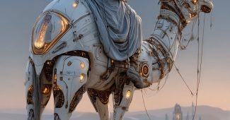 ChatGPT提示词_一个未来主义的沙漠游民骑着机械骆驼，沙丘在星空下，周围散落着发光的科技遗物_chatgpt网页缩略图