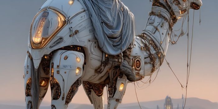 ChatGPT提示词_一个未来主义的沙漠游民骑着机械骆驼，沙丘在星空下，周围散落着发光的科技遗物_chatgpt网页缩略图