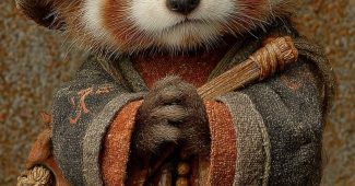 ChatGPT提示词_小熊猫穿着和尚服，带着竹笋帽，坐着双腿交叉，手中握着佛珠_chatgpt在线版网页缩略图