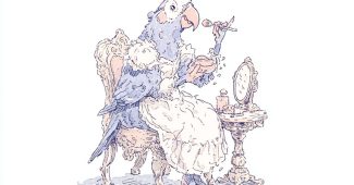 ChatGPT提示词_一只可爱的紫色鹦鹉穿着白色公主服装，坐在巴洛克风格的凳子上，一只手拿着化妆刷，另一只手拿着镜子_chatgpt电脑版缩略图