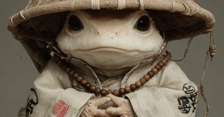 AI提示词_小青蛙穿着僧衣，带着竹帽，双手合十，坐姿可爱_gpt会员多少钱一年缩略图