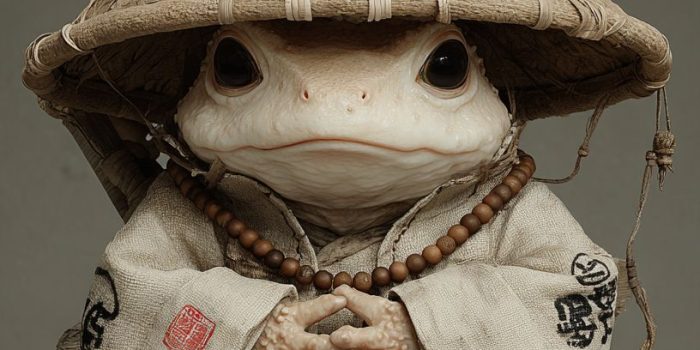 ChatGPT提示词_小青蛙穿着僧衣，带着竹帽，双手合十，坐姿可爱_gpt会员多少钱一年缩略图