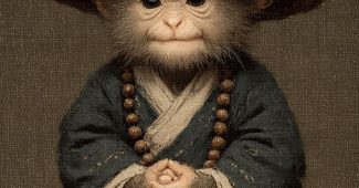 ChatGPT提示词_小猴子穿着僧衣，坐着打坐，头戴竹帽，双手合十_chatgpt中国官网缩略图