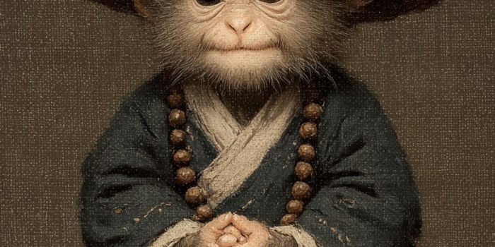 ChatGPT提示词_小猴子穿着僧衣，坐着打坐，头戴竹帽，双手合十_chatgpt中国官网缩略图