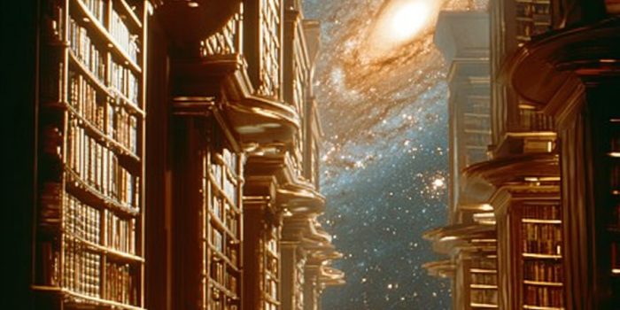 ChatGPT提示词_一个超现实的图书馆，书籍漂浮在金色光线中，古老的典籍散发着光芒，背景是旋转的星系_chatgpt电脑版缩略图