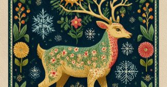 ChatGPT提示词_民间艺术驯鹿，花卉角和雪花星星形成的圆形图案，温暖的红色和森林绿色，圣诞色调_chatgpt在线试用缩略图