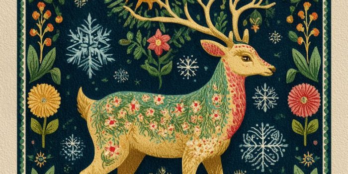 ChatGPT提示词_民间艺术驯鹿，花卉角和雪花星星形成的圆形图案，温暖的红色和森林绿色，圣诞色调_chatgpt在线试用缩略图