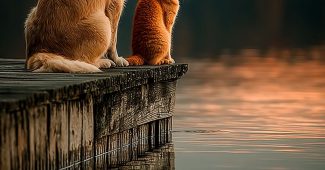 AI提示词_猫和狗在木栈道上并排坐着，注视着宁静的水面_chatgpt5.2需要钱吗缩略图