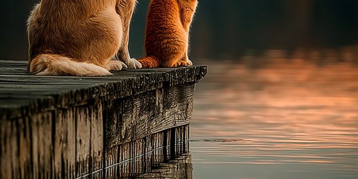 ChatGPT提示词_猫和狗在木栈道上并排坐着，注视着宁静的水面_chatgpt5.2需要钱吗缩略图