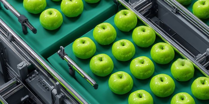 ChatGPT提示词_绿色复古未来主义风格的输送带上整齐排列着绿色苹果_gpt会员有什么用缩略图