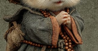 ChatGPT提示词_可爱的小松鼠穿着古代中式的僧衣和竹帽，坐着双腿交叉，手里握着佛珠_chatgpt会员缩略图