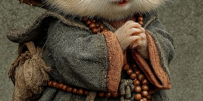 ChatGPT提示词_可爱的小松鼠穿着古代中式的僧衣和竹帽，坐着双腿交叉，手里握着佛珠_chatgpt会员缩略图