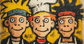 ChatGPT提示词_一幅黄色的卡通笑脸画作，三个开心的笑脸戴着白色厨师帽_chatgpt入口缩略图