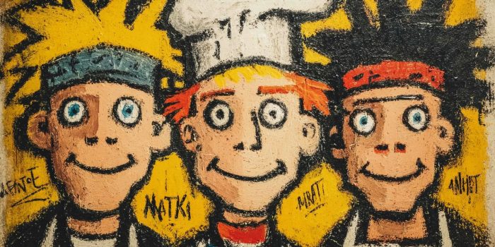 ChatGPT提示词_一幅黄色的卡通笑脸画作，三个开心的笑脸戴着白色厨师帽_chatgpt入口缩略图