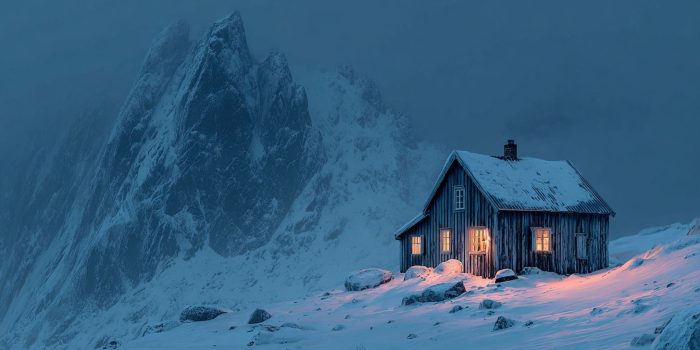 ChatGPT提示词_一间孤立的木屋坐落在雪山中，夜晚被浓雾笼罩，透出温暖光芒_国内如何买gpt会员卡便宜点缩略图