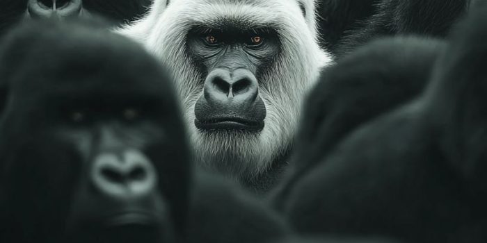 ChatGPT提示词_一只骄傲的白色大猩猩在一群黑色大猩猩中独自站立，象征着个性和力量_chatgpt会员费用缩略图