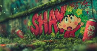 AI提示词_一幅户外草坪上的动态摄影作品，中央是彩色线条装饰下的蜡笔风格的哆啦A梦_chatgpt5.0官网中文版缩略图