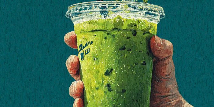 ChatGPT提示词_一只手拿着装 iced matcha 的透明塑料杯，杯内饮料颜色鲜艳，顶层有自然的薄 matcha 泡沫，背景为深绿色_chatgpt会员共享多少钱缩略图