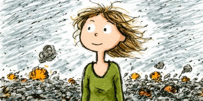 ChatGPT提示词_一位棕发女性穿着绿色上衣在无人区爬行，面色炎热，远处有爆炸声_gpt会员购买缩略图