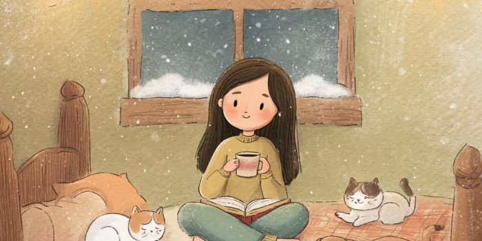 ChatGPT提示词_一个女孩坐在床上，喝着咖啡，身边有可爱的猫和狗，窗外白雪纷飞_chatgpt50官网中文版缩略图