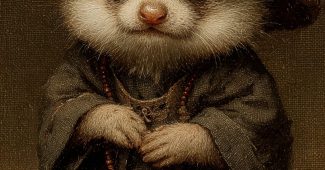 ChatGPT提示词_小狐 meerkat 穿着僧衣，佩戴佛珠，坐姿可爱，戴着竹帽，展现古风_chatgpt在线网页版免登录缩略图