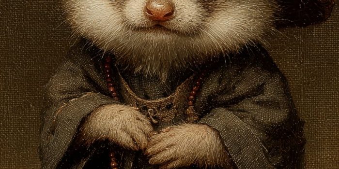 ChatGPT提示词_小狐 meerkat 穿着僧衣，佩戴佛珠，坐姿可爱，戴着竹帽，展现古风_chatgpt在线网页版免登录缩略图