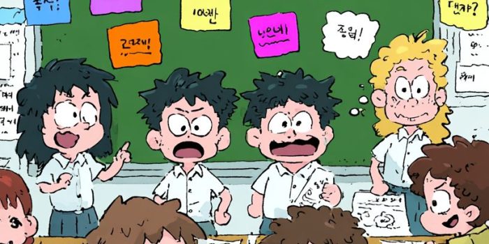 ChatGPT提示词_一间充满活力的韩国小学教室里，两名学生在激烈辩论_chat gpt会员多少钱缩略图