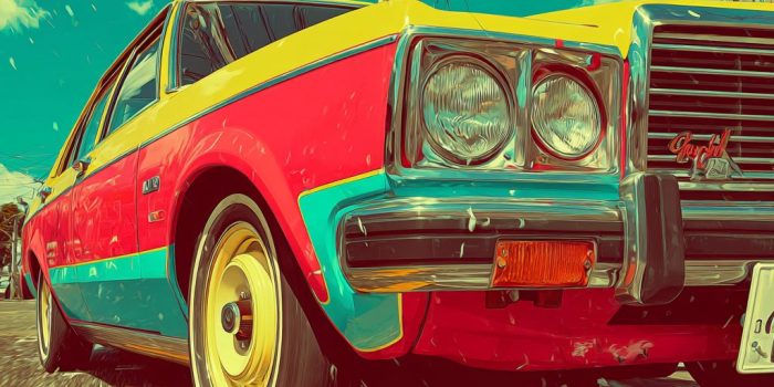 ChatGPT提示词_一辆色彩鲜艳的1980年代福特汽车的低角度拍摄图像展现出强烈的动感_gpt会员怎么充缩略图