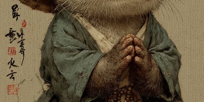 ChatGPT提示词_可爱的古代中国风格小海獺，穿着僧衣和佛珠，坐姿端正，戴着竹帽_chatgpt国内能用吗缩略图